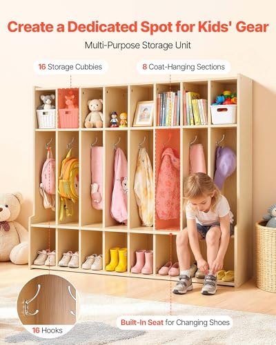 VEVOR 8-Section Coat Locker with Bench, Kids Lockers with 16 Hooks & Non-Slip Mat, Classroom Cubbies for Daycare, Home, Kindergarten- Natural
