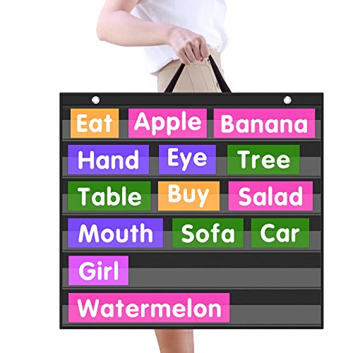 EAMAY Large Standard Pocket Chart for Classroom,Teacher Supplies for Sentence Strip and Card Display,Black Double Sided Table Top Pocket Chart with Hang/Stand/Portable(25Wx22L)