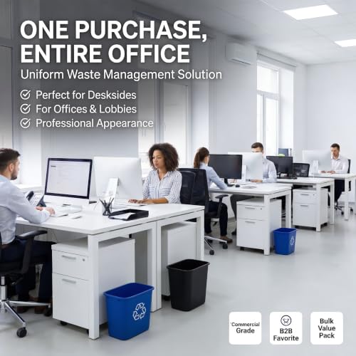 SunSierra 10 Pack, Recycle Wastebasket, 13 Qt. / 3 Gallon Rectangular Wastebasket/Trash Can Kit - Space Saving Recycling Bin, Narrow Spaces in Commercial, Kitchen, Home, Office, and Dorm - Black