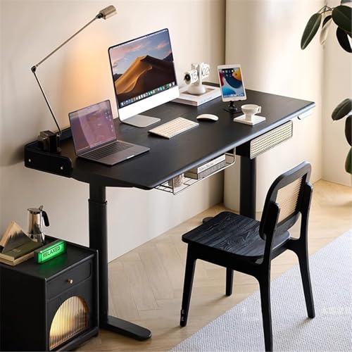 YUHUAWF Writing Desk Electric Standing Desk with Drawer and Storage Basket, Ash Wood Height Adjustable Study Writing Workstation Computer Desks