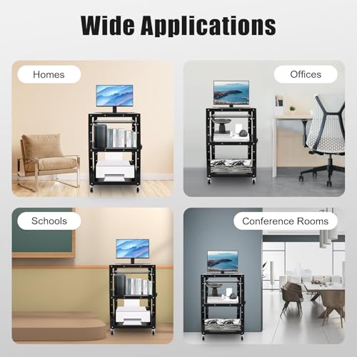Steel AV Cart on Wheels Rolling Media Carts with Height Adjustable Shelf Metal Presentation Cart with Keyboard Tray Computer Workstation for Office Classroom