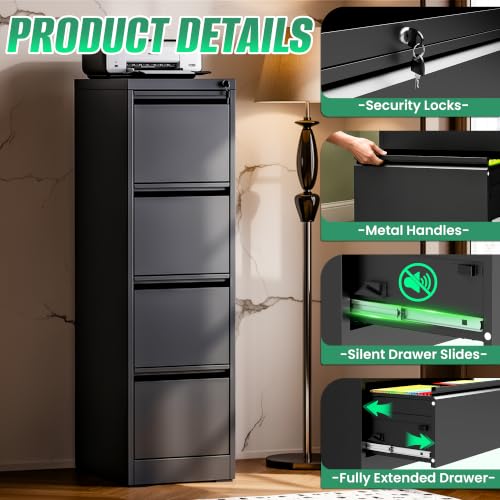 VIYET File Cabinet 4 Drawer with Lock, Vertical Filing Cabinets for Home Office, Metal Steel Storage Cabinet for Letter/Legal Size File, Assembly Required(Black)
