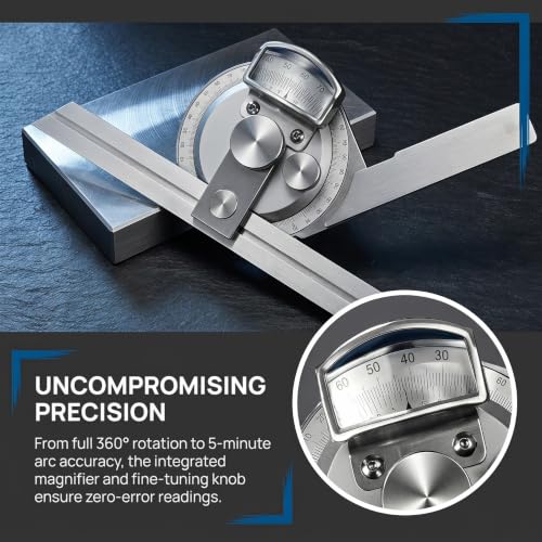 JYSWDZ Universal Bevel Protractor, 0-360 Degree Stainless Steel Adjustable Angle Measuring Finder, Goniometer Angular Ruler with Magnifier, for Internal and External Angle Measurement