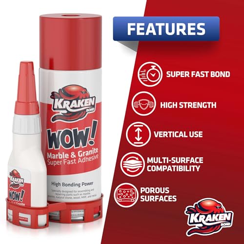 Kraken Bond Wow Marble & Granite CA Glue With Activator - (12x6.75 fl.oz) Activator, (12x1.75 oz) for Stone, Ceramic and Metal, Strong Super Glue With Accelerator, 12 Pack