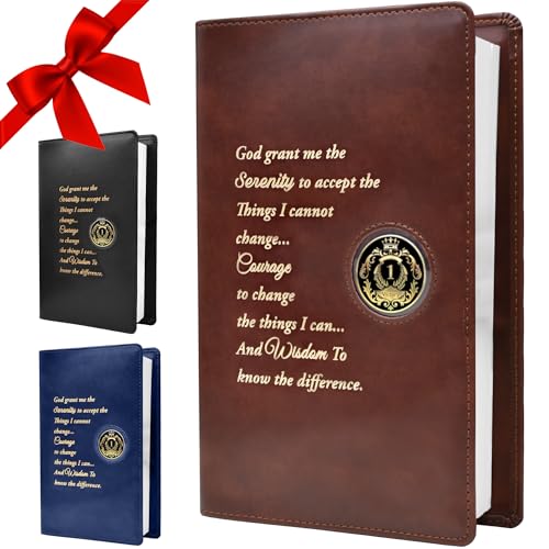GALILEO® Single AA Big Book Cover with Coin Holder | PU Leather | AA Book Covers for Hardcover | AA Gift | Alcoholics Anonymous | Luxury Design (Single/Serenity Prayer/Brown)