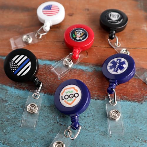 Bulk 100 Pack - Custom Badge Reels Retractable (Upload Your Logo) with Belt Clip - Personalized Full Color Print Dome Label - Company Badge Holders for Medical Staff, Office by Specialist ID (Black)
