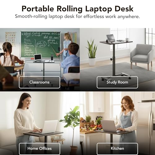 Displays By Jack Adjustable Height Rolling Laptop Desk, Portable Sit Stand Computer Table on Wheels – 24 x 16 in Mobile Workstation for Home Office, Classroom, Study Room