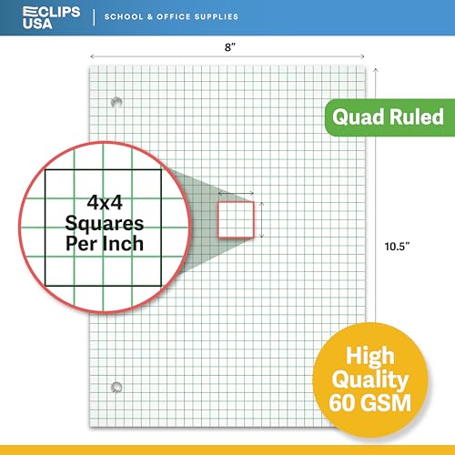 Graph Paper Loose Leaf Paper Quad Ruled Notebook Paper Quad Ruled 4” x 4” Square Lined Writing Filler Paper 10.5” x 8” 4800 Sheets 100 Sheets Per Pack 60 gsm (48 Pack)