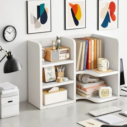 KUHEITAER Desk Shelf,Small Bookshelf,Wooden Desk Hutch Desk Organizers,White Desktop Bookshelf and Accessories Storage Display Rack in Home Office Dorm,Freestanding Desk Shelf