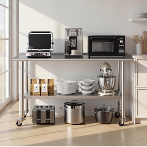 VEVOR Stainless Steel Work Table, 24x60 inch Food Prep Table with Wheels and Backsplash, Commercial Kitchen Workstation with Adjustable Undershelf, Metal Utility Worktable, for Restaurant Home Outdoor