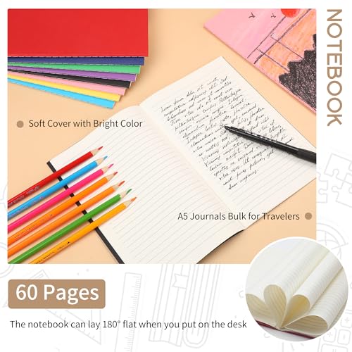 miikoul 48 Pack A5 Lined Notebook Journals in Bulk, Colored Kraft Cover College Ruled Subject Notebook Composition Journal for Student Busines Travelers, 8.3x5.5 Inches, 80 GSM, 60 Pages/30 Sheets
