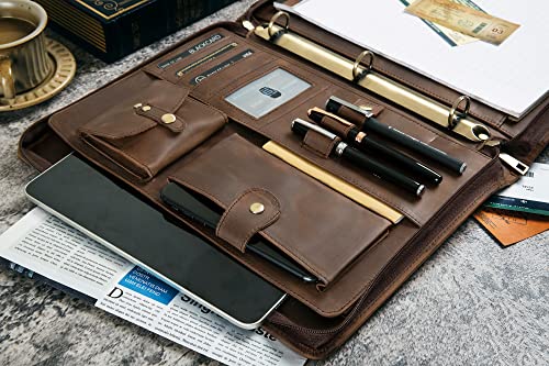 DUKE&COW Leather Portfolio with 3 Ring Binder, Personalized Binder Padfolio Executive Folio Zippered, Engraved Folder Organizer, Custom Gift for Men Women （Dark Khaki, Custom）