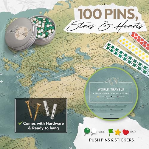 Premium Detailed World Map Pinboard on Canvas | Interactive Map with Pins | Perfect for Marking Your Adventures and Memories | Pin Adventure map (32 x 24)