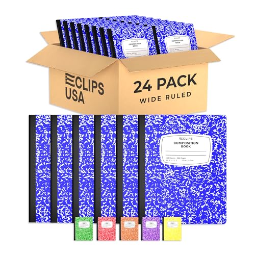 Composition Notebook Wide Ruled Composition Notebooks Bulk Blue Marble Hard Cover Wide Ruled Notebook Paper Note Books For Schools Marble Composition Books 100 Sheets 200 Pages 9.75” x 7.25” (24 Pack Blue)