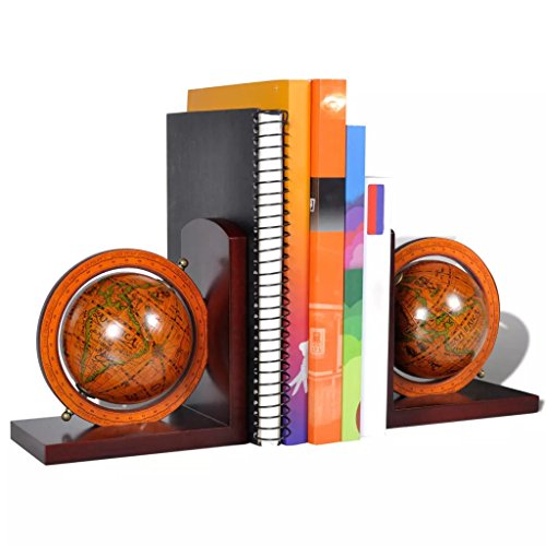 Tidyard Decorative Globe Bookends, World Map Design, Brown MDF, Polished Finish for Office, Home Library, Bookshelf