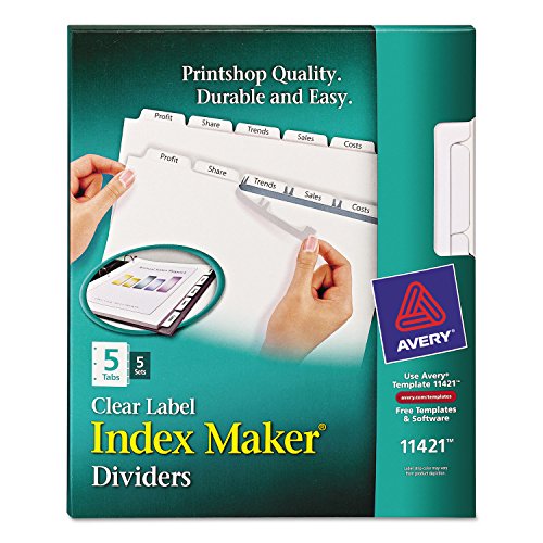 Avery 11421 Print & Apply Clear Label Dividers w/White Tabs, Copiers, 5-Tab, Letter, 5 Sets