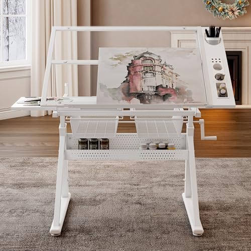 GDFStudio Hand Crank Height Adjustable Drafting Table with Stool & 2 Metal Storage Drawers, Tilting Tempered Glass Top Drawing Desk for Art Diamond Painting Craft Table for Home Office, White