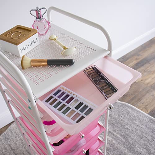 Humble Crew 8 Drawer Rolling Storage Cart with Wheels, Slim Plastic Organizer Trolley for Crafts, Office, School, Makeup & More, Metal Frame, Pink