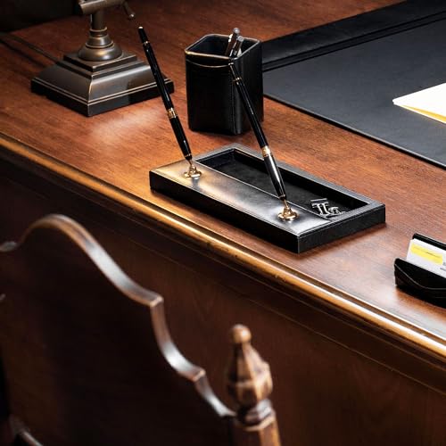Dacasso Classic Black Leather Double Pen Stand w/Gold Accents - Luxury Executive Decor and Office Desk Surface Protector