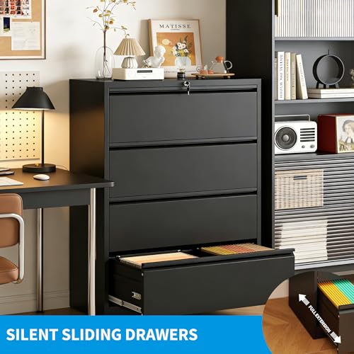 EKJ 4 Drawer Lateral File Cabinet with Lock, Heavy Duty Wide Steel Filing Cabinet for Home Office, 36" W Horizontal Storage Cabinet for Letter/Legal/A4/F4 Hanging Files, Easy Assembly (Black)