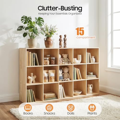 BbqLiaxon 15-Compartment Solid Mobile Cubby Storage Cabinet -Vertical Or Horizontal Bookcase - Open Book Shelf, Rectangular Wood Shelves Cube Shelf for Living Room, Bedroom, Office