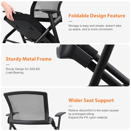 Office Chair, Foldable Conference Chair with Armrest and Ergonomic Mesh Back, Stackable Guest Chair with PU Wheels, Reception Meeting Chair for Office, Training Room and Waiting Area