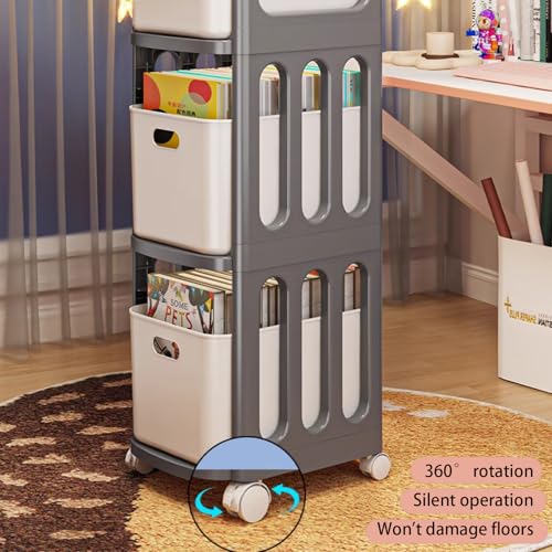 JS Ellie Book cart with 360° Swivel Wheels and Drawers, Movable and Large-Capacity Bookshelf, Multi-Functional Trolley Storage Rack, Suitable for Living Rooms, Studies, and bedrooms White 2tier-B