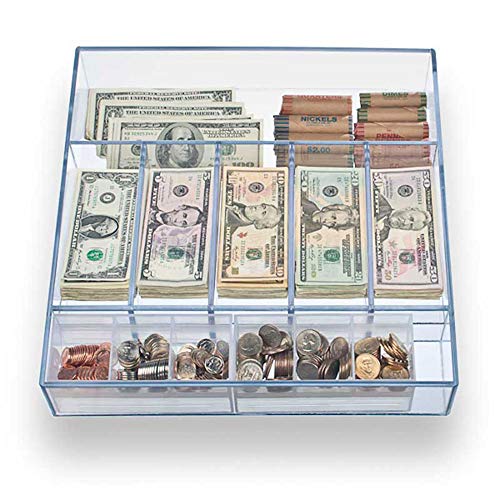 Clear Money Tray - 14-5/8W x 3H x 15L - 5 Bill Compartments - 2 Extra Compartments - Durable Construction - Transparent Design