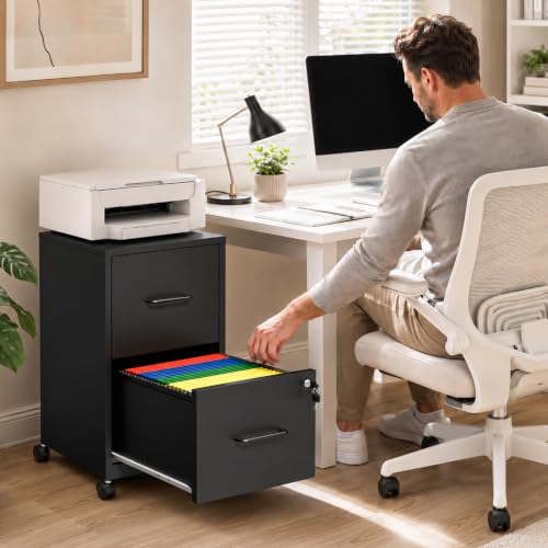 Yukimo 2 Drawer File Cabinet with Wheels, Metal Mobile Filing Cabinets with Lock, Vertical File Cabinet for Home Office, Rolling Storage Cabinet for A4/Letter/Legal Size File, Assembly Required, Black
