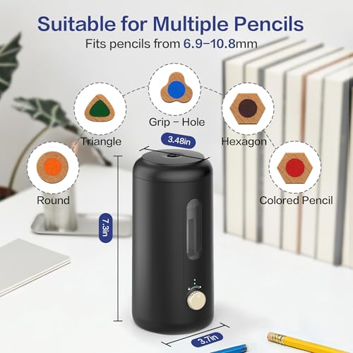 VUSIGN Electric Pencil Sharpener, Fully Automatic Pencil Sharpener with 5 Sharpness Settings, Rechargeable 2000mAh, Auto in & Out, for 6.9–10.8mm No.2/Colored Pencils, Office/Classroom/Home (Black)