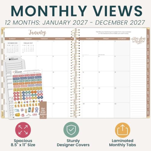 bloom daily planners HARDCOVER Planner 2027 & Stencil - 8.5” x 11" Calendar Year (January - December) Task Goal Planner for Women - Monthly & Weekly Inspirational Agenda Book with Stickers - Checkered, Café