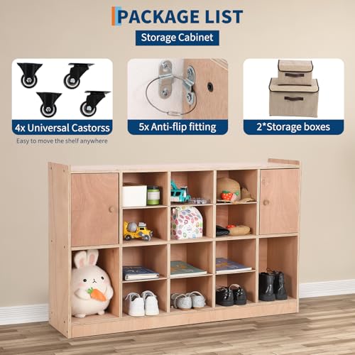 Mobile Cubby Storage with 2 Doors, Storage Organizer Cubes with 2 Anti-Flip Fittings&4 Castors, Cubby Shelf for Home, School, Kindergarten, Classroom Furniture, Stationary Organizer, Natural Finish