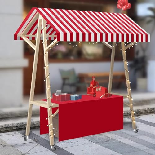 RENLXFI Movable Stall Wood Vending Cart, Mall/Night Flea Market Foldable Street Food Vendor Cart for Business Display Rack Booth, Floor Standing Catering Table Trolley(Red,W 150CM/59in)