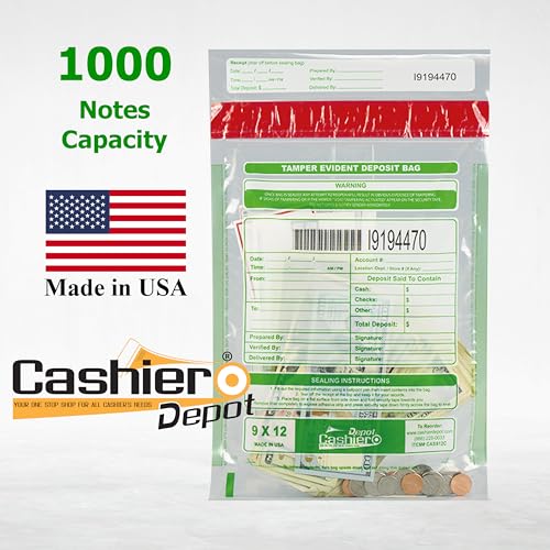 500 Cashier Depot Tamper Evident Bank Deposit Bags, 9" x 12" Clear, 500 Count, Serialized Numbering with Barcode, Press and Seal Void Closure, Perforated Receipt, Made in USA