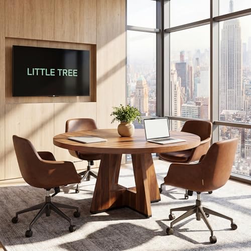LITTLE TREE 47 Inches Round Conference Table for 4-6, Small Meeting Table, Modern Circle Podcast Table, Business Style Wooden Office Training Table with Strong Pedestal for Office Conference, Brown