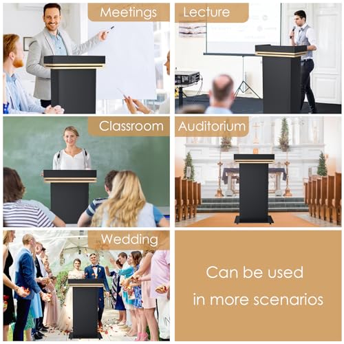 43" Wood Podium Stand with Wheels, Portable Lectern with 3 Levels of Storage, Floor Standing Customer Reception Podiums Mic Stand Desk for Churches, Office, School,Conference, Auditorium, Seminar