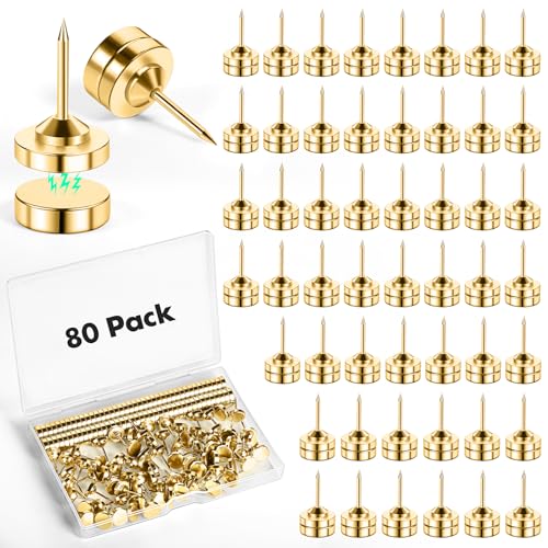 GOOLADA 80 Sets of Magnetic Push Pins, Gold Magnetic Tacks, Pushpins for Wall, Bulletin Board, Corkboard,Decorative Poster and Photo Hangers