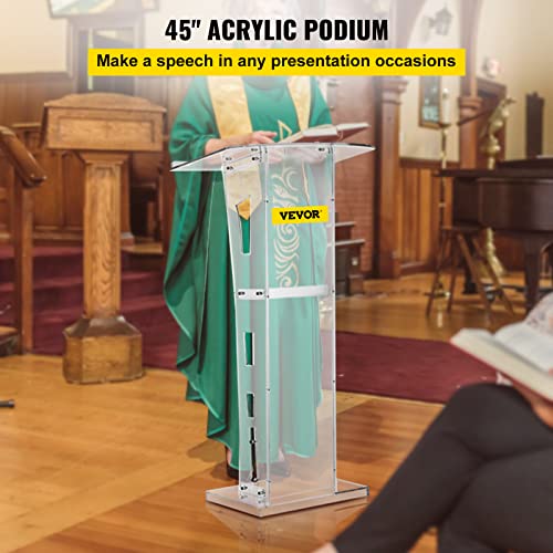 VEVOR Acrylic Podium 45" Tall Plexiglass Podium 26.8"x15" Table Acrylic Pulpits for Churches with 8 mm Thick Acrylic Board Acrylic Podiums and Lecterns Design for Lecture Recital Speech & Presentation