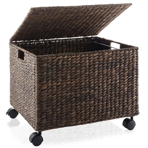 Casafield Rolling Filing Cabinet, Espresso Dark Brown - Water Hyacinth File Organizer with Lid and Wheels, Home Office Storage for Hanging Folders