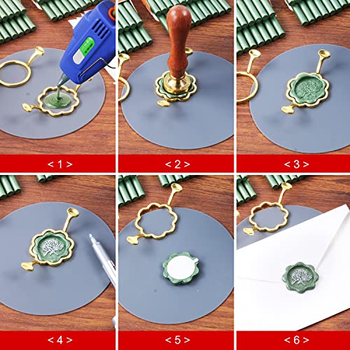 Wax Seal Kit, WASOHLING 40Pcs Pine Green Sealing Wax Sticks with Glue Gun, Wax Seal Molds, Silicone Waxing Mat, Marker Pens, Premium Kit for Wedding Invitations Envelopes Cards (Pine Green)