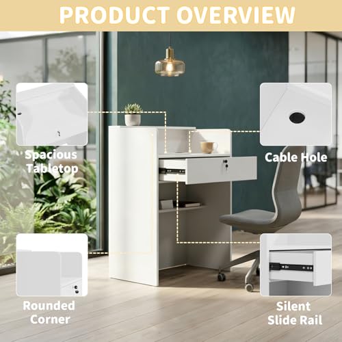 Reception Desk with Counter Modern Front Desk with Lockable Drawer Retail Checkout Counter with LED Light for Office Clothing Store Lobby Beauty Salon, 15.8x27x37.8in, White