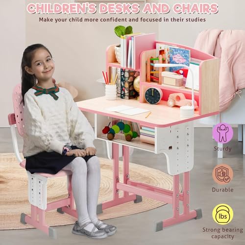 GizmoSynth 【US Shipped】 Kids Functional Desk and Chair Set, Ergonomic Height Adjustable Children School Study Desk with Storage Drawer for Boys Girls