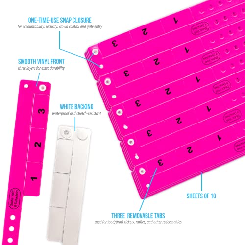 500 WristCo Neon Pink 3 Tab Vinyl Cash Tag Wristbands for Events