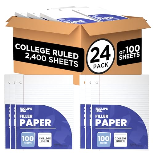 Loose Leaf Paper College Ruled Notebook Paper College Ruled Lined Writing Filler Paper 10.5” x 8” 2400 Sheets 100 Sheets Per Pack 60 gsm (24 Pack)