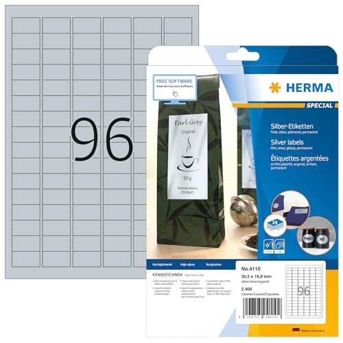 HERMA Self Adhesive Film Labels, 96 Labels per A4 Sheet, 25 Sheets, 30.5 x 16.9 mm, 2400 Labels, Blank Weatherproof Labels Stickers, Sticky Labels for Laser & Inkjet Printer, Silver