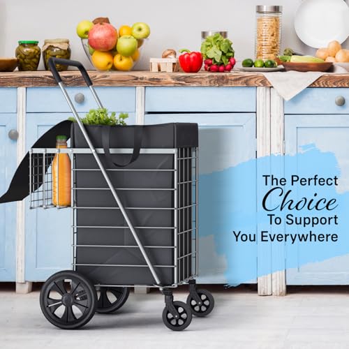 Our Modern Space Shopping Cart w/Waterproof Basket Liner & 360° Swivel Wheels | Foldable Collapsible & Lightweight | Perfect for Groceries Laundry Utility Cart - Silver