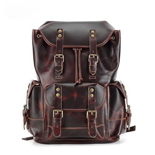 Glorixen Retro Mens Travel Bags Laptop Bags Casual Daypack Genuine Leather Computers Backpacks 17.7Inch (Coffee)