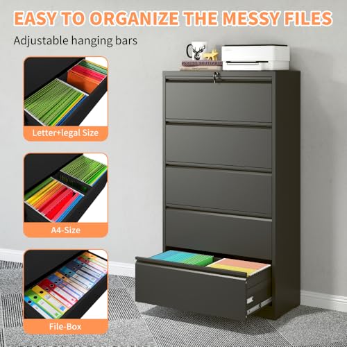 Hassyee Sturdy Vertical File Cabinets with Lock for Home Office, Durable Steel Office Filing Cabinet Printer Stands Storage Organizer with Smooth Drawers for A4 Legal/Letter Size documents (Black7)