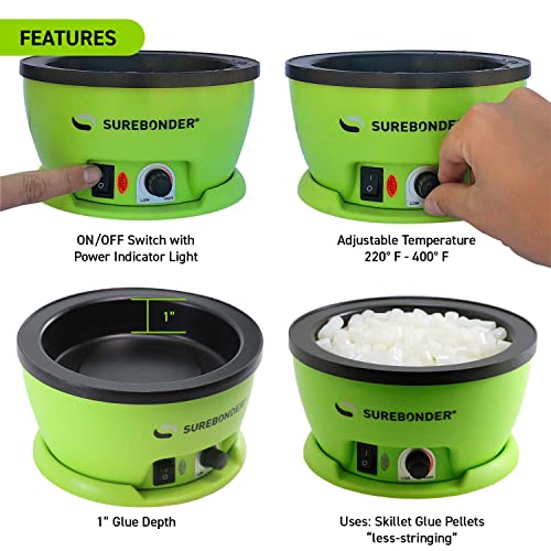 Surebonder 803 Electric Hot Glue Skillet, Adjustable Temperature 225-400°F, 5.25-Inch Diameter, 1-Inch Depth, Dip Crafts Directly Into Pot of Hot Glue, Green and Black