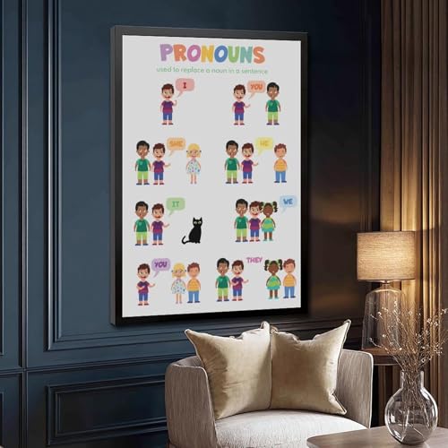 wangpaihui PRONOUNS FOR KIDS English Grammar Chart Parts of Speech Homeschool Classroom Poster Educational Poster Canvas for Classroom School Therapy Room Black Frame16 L X 24" W